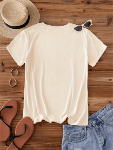 1 Piece 180g Back-To-School Season New Printed T-Shirt Progress Is Better Than Perfection Women's Casual Round Neck T-Shirt Suitable For Summer And Autumn - 杏色 - 查看 2