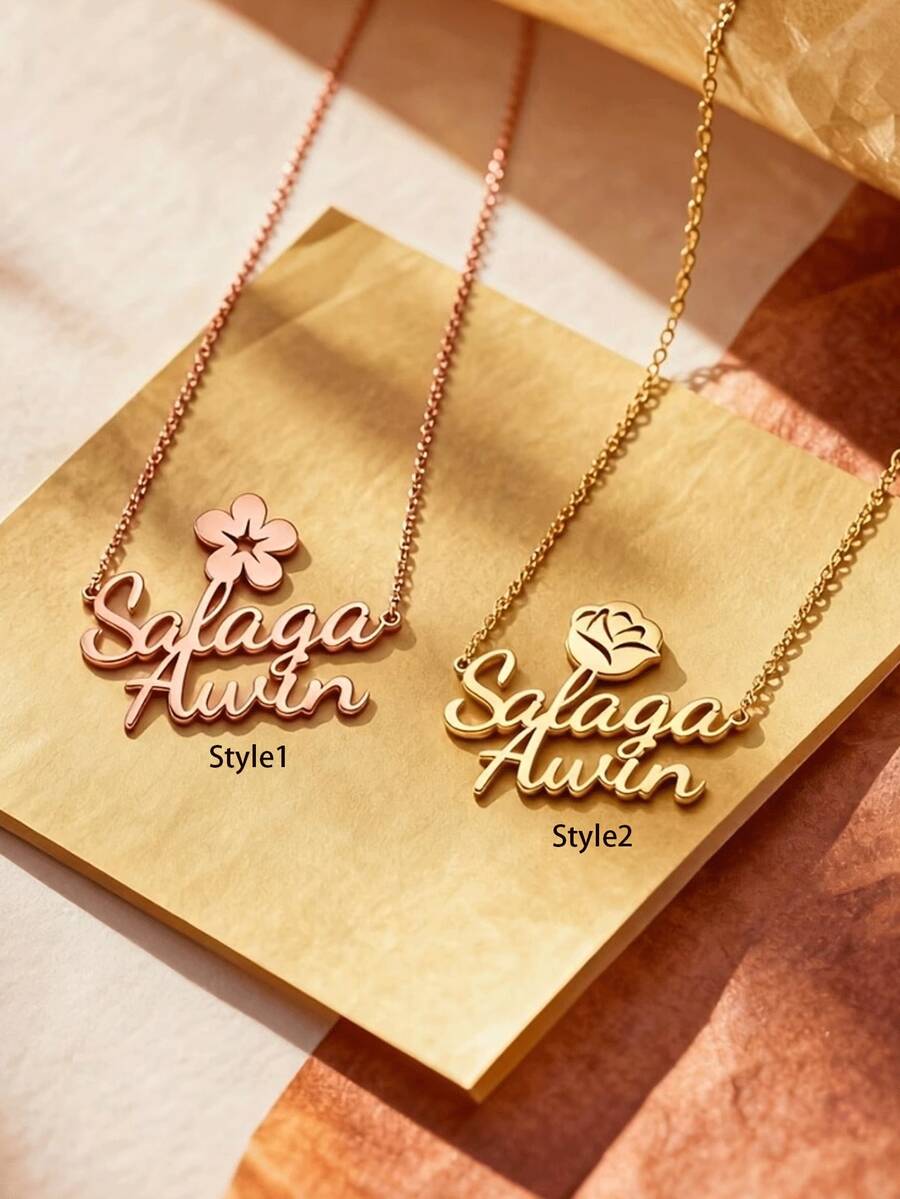 [Personalización] Collar con nombre de pareja personalizado, collar personalizado con colgante de flor y corazón con dos nombres, regalo de boda, joyería de acero inoxidable - Multicolor - Ver 1