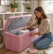 Aafan Ribbed Velvet Large Ottoman Storage Bench, Folding Ottoman Storage Box, Footstool Or Storage Chest With Lid For Bedroom, Wooden Box Fleece Cover - Pink - View 4