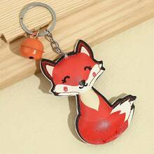 1pc Cute Fox Plush Pendant, PU Leather Bell Charm, Bag/Car Keychain Accessory - Multicolor - View 3
