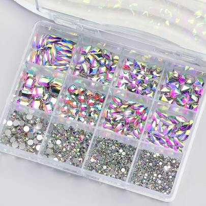Glass Rhinestone Set For Nail Art - 1 Box Multi-Shape Flatback AB Crystals, 3D Decorative Rhinestones, Assorted Sizes, Sparkling Gems For DIY Crafts And Nail Decor, Type: Decorative Beads, Main Material: Rhinestones