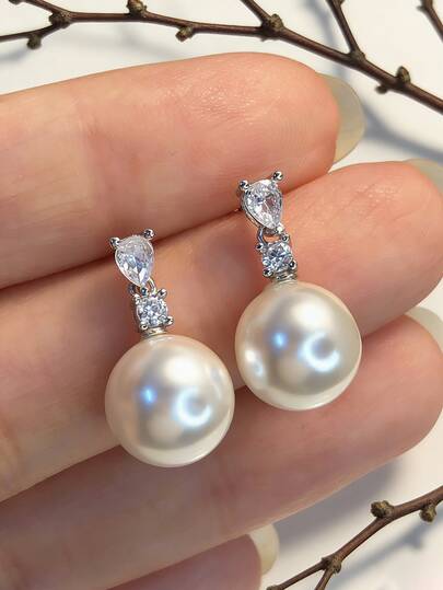 1 Pair S925 Sterling Silver Teardrop Synthetic Zirconia & Faux Pearl Stud Earrings, Elegant Quality Jewelry For Women, Suitable As Gift For Lover Or Mother