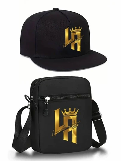 1pc/2pcs Gold LA Crown Design Print Baseball Cap And Crossbody Bag Set, Streetwear Style Fashion Outdoor Sports Adjustable Flat Brim Cap And Shoulder Bag, Gift For Friends And Anniversary