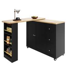 Tavolo da bar girevole a 360° (135-203 x 39 x 106 cm), con ruote, nero, dotato di tre cassetti. Include un ripiano per snack. Isola portaoggetti multifunzionale, ideale per cucina e soggiorno. - nero - Visualizzare 4
