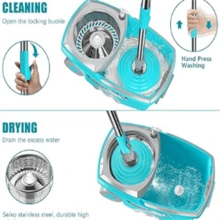 Spin Mop And Bucket,Mop And Bucket With Wringer Set For Home,360 Spinning Mopping Floor Cleaning Tool With 6 Microfiber Replacement Head Refills,61" Extended Handle, 2X Wheel - Blue - A - Xem 6