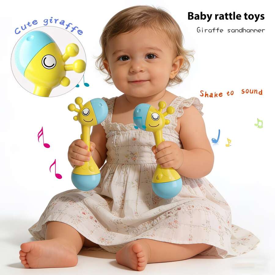Giraffe Sensory Toy, Baby Rattle With Soothing Sounds, Soft Tactile And Easy To Grasp, Helps Develop Motor Skills And Emotional Stability, Suitable For 0-24 Months Infants, Yellow And Blue, Learning Toy