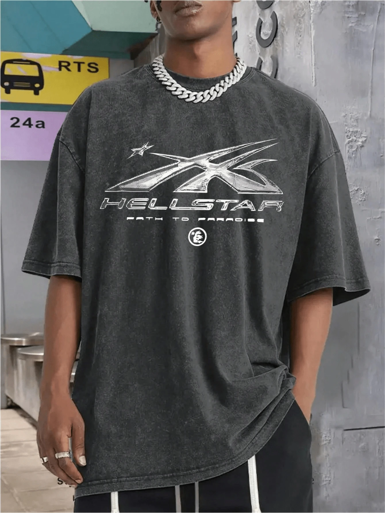 Men's Printed Pattern Washed T-Shirt - Casual Loose Summer T-Shirt With Star And Flame Design, Adult Brown 100% Pure Cotton Round Neck Shirt, Breathable T-Shirt | Avant-Garde Casual Wear | 100% Pure Cotton Printed T-Shirt - Xám - Xem 1