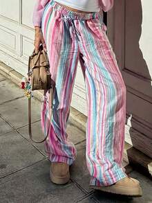 New Fashionable Elegant Striped Colorful Loose Wide Leg Elastic Waist Drawstring Pants, Suitable For Holidays, Daily Wear, Dates, Back To School, Parties Spring - Powder Blue - View 2