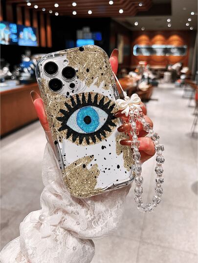 1个全新透明不规则贝壳奶油纹理眼睛图案TPU手机壳，兼容 17 Pro Max/17/17 Pro/16 Pro Max/16/16 Pro/15 Pro Max/15 Pro/15/14 Pro Max/14 Pro/14/13 Pro/12 Pro/12/11，防摔，带挂绳，适合作为礼物送给家人、朋友、过节、生日、女朋友、男朋友或自用