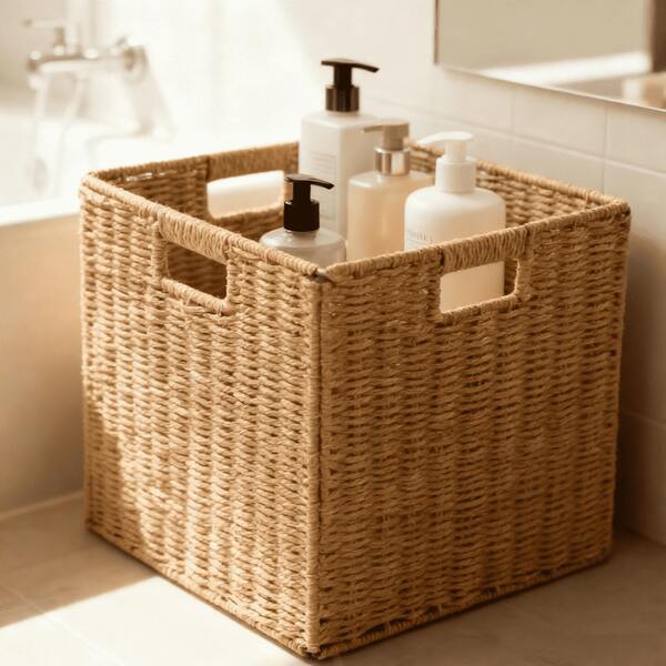 1 pièce Boîte de rangement empilable avec poignée, fabriquée en matériau naturel, convient pour la chambre, la cuisine, la salle de bain, le rangement de jouets, boîte de rangement polyvalente, pratique et décorative