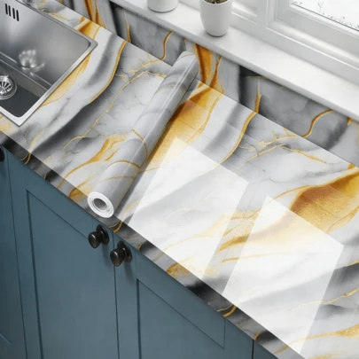1 Rollo de papel tapiz autoadhesivo y removible con patrón de mármol, impermeable y resistente al aceite, para aplicación instantánea en gabinetes de cocina, encimeras, decoración del hogar y renovación de muebles