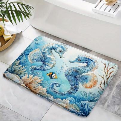1件海马与海洋生物防滑浴室地垫，饰有小丑鱼、珊瑚和海藻图案 - 充满活力的蓝绿色海底世界绒毛地毯，适用于厨房入口、淋浴间装饰、浴室配件、厨房地垫、门垫 - 假日家居装饰，红色、绿色、米色和粉色可选，可用作毯子、沙发毯、室内入口门垫、地毯、床毯、前门垫、门垫、迎宾垫、秋季毯、节日快乐门垫