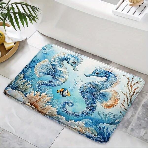 1 tấm thảm chống trượt phòng tắm hình cá ngựa và sinh vật biển, với họa tiết cá hề, san hô và rong biển - Thảm nhung màu xanh lam-xanh lá cây sống động, thích hợp cho lối vào nhà bếp, trang trí phòng tắm, phụ kiện phòng tắm, thảm nhà bếp, thảm chùi chân - Trang trí nhà cửa ngày lễ, màu đỏ, xanh lá cây, be và hồng, chăn phủ, khăn trải ghế sofa, thảm chùi chân lối vào trong nhà, thảm trải sàn, chăn giường, thảm cửa trước, thảm chùi chân, thảm chào mừng, chăn mùa thu, thảm chùi chân chúc mừng ngày lễ.