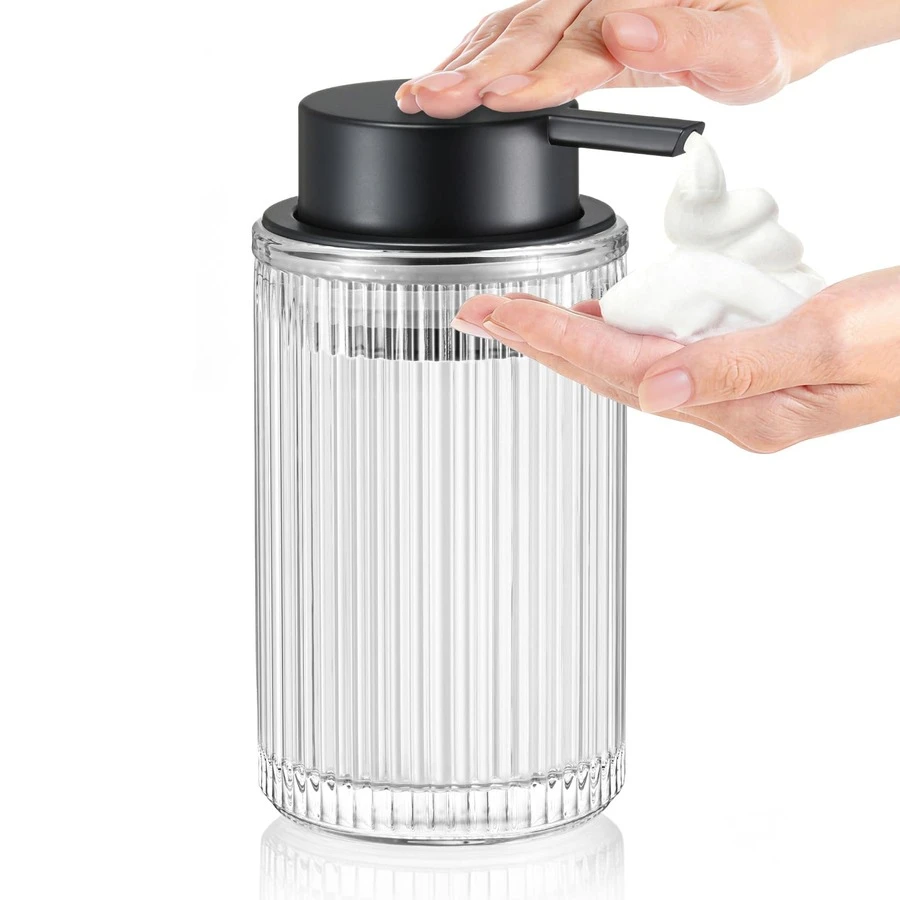 Dispenser Sabun Busa Kaca Bergaris Vertikal - Pompa Hitam, Botol Sabun Cuci Tangan Berbusa Isi Ulang, Cocok untuk Kamar Mandi dan Dapur, Dekorasi Rumah Minimalis Modern - A - View 1