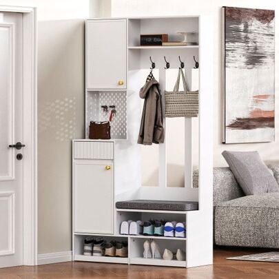 Storage Unit, Complete Storage Set With Bench, 4 Hooks, Door And Drawers - White, Compact Dimensions 100*180*35 Cm (W*H*D)