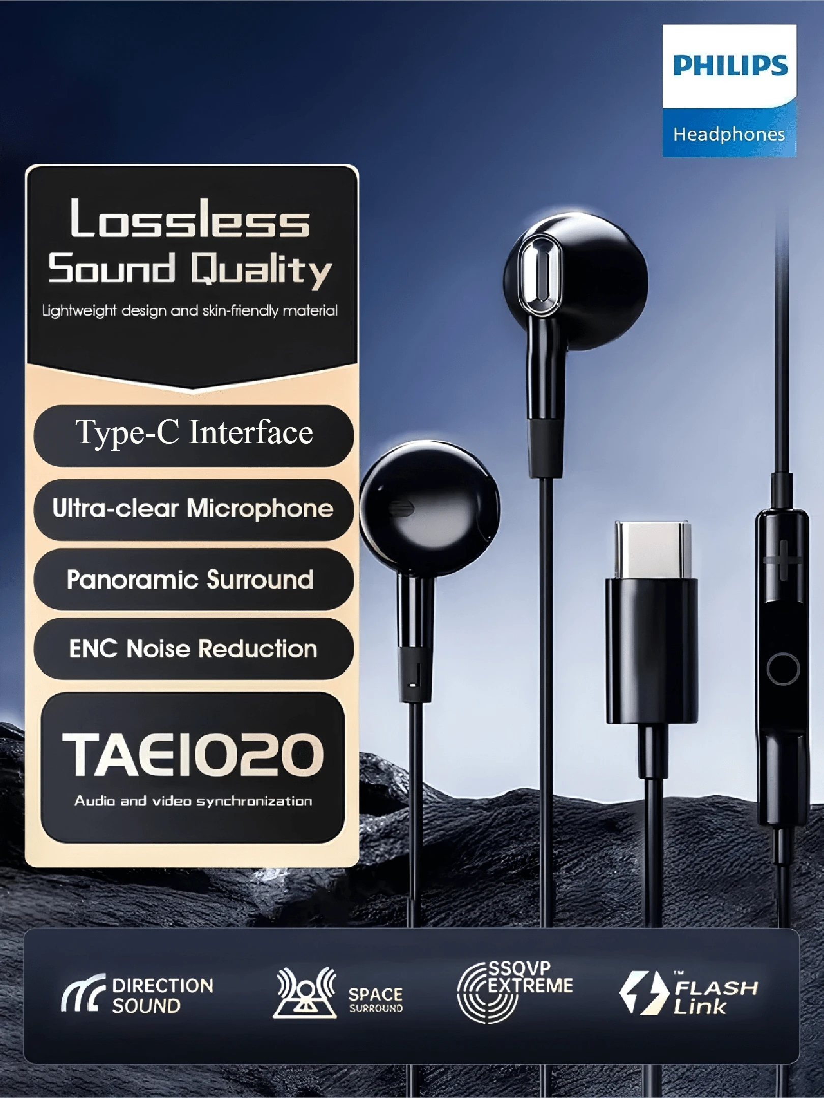 PHILIPS 飞利浦 TAE1020 Type-C 入耳式有线耳机，带降噪麦克风、高清音频、柔软线缆、1.1 米长、音量控制、Type-C 接口，适用于智能手机、平板电脑、笔记本电脑 - 黑色 - 查看 1