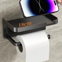 Suporte Porta Papel Higiênico com Suporte para Celular Fixação Sem Furo Com Adesivo - Preto - Visão 6