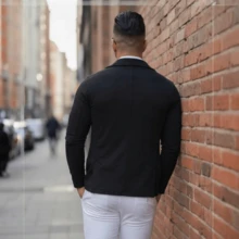 Men's Premium Tailored Bengaline Blazer With Elastane, Slim Fit, Smart Casual, Modern, Button-Down, Black, Blue, White, Khaki, Gray. All Slim Fit Split Styles For Weddings, Parties, And Offices. - 黑色 - 查看 2