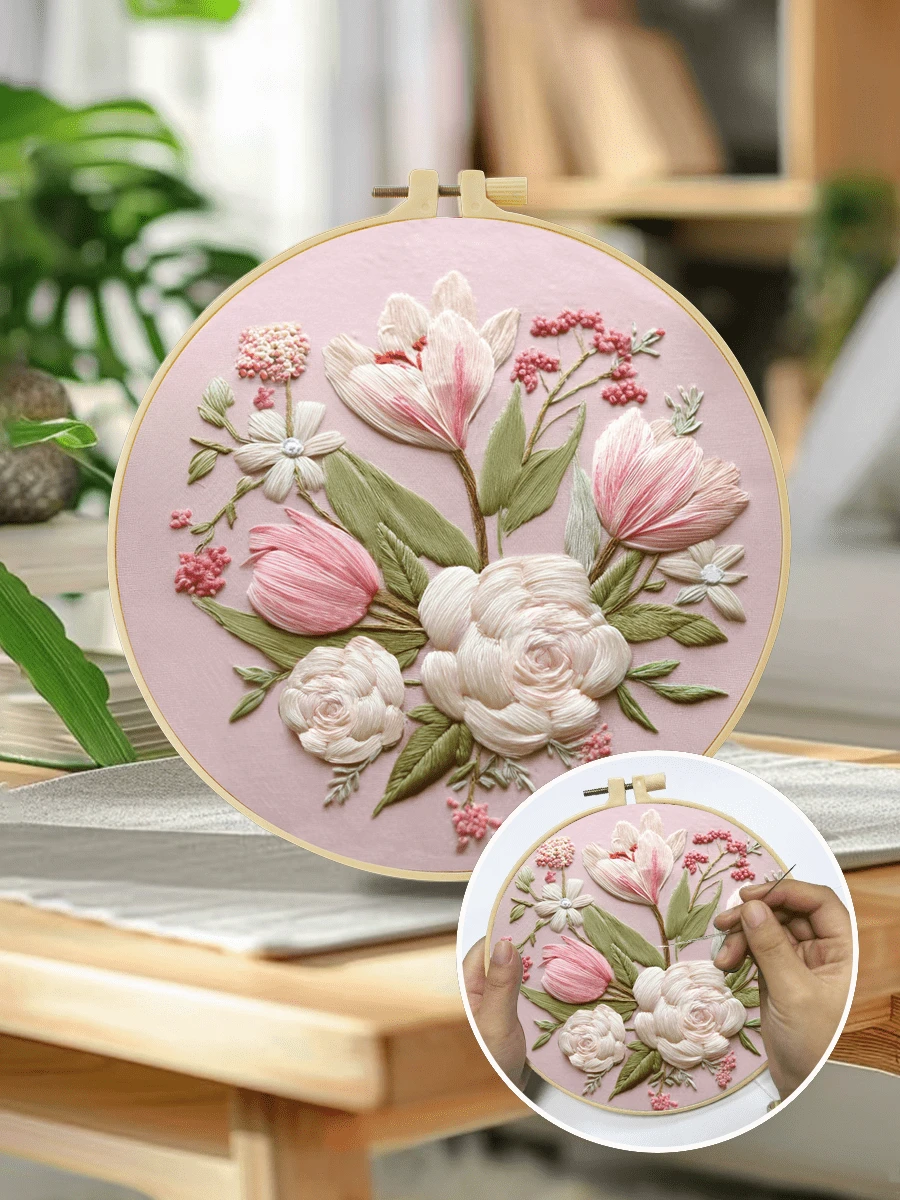 1件 15*15cm/5.9*5.9in-20*20cm/7.9*7.9in 精美花卉刺繡套件，DIY手工刺繡套件，適合成人初學者，居家禮物，女性縫紉禮物，含使用說明書、印花布料、刺繡框、針與線
