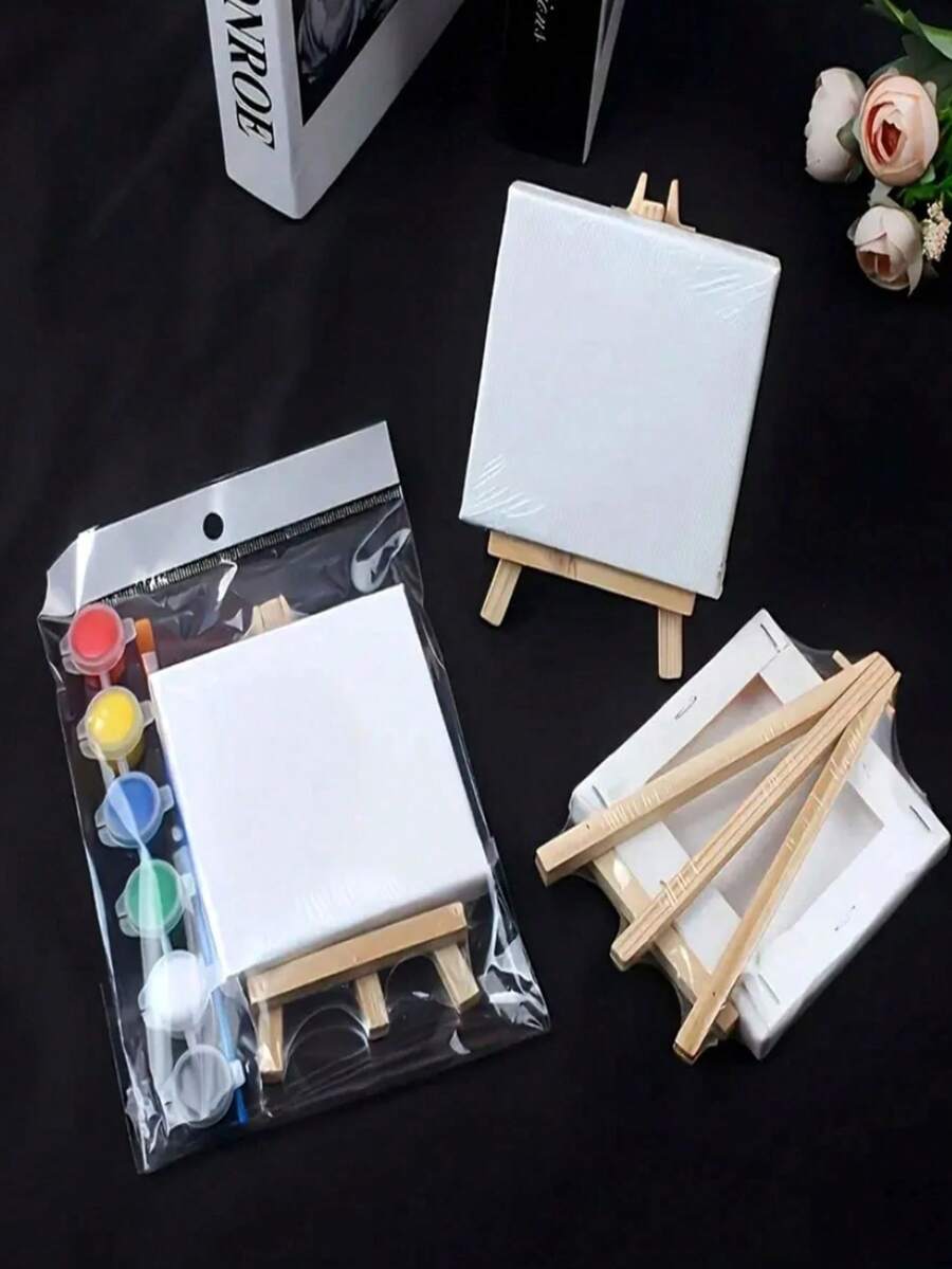 Bộ tranh vẽ trên vải 15cm x 15cm kèm giá vẽ, bao gồm 1 cọ vẽ, 1 hộp màu, 1 bảng pha màu, thích hợp cho mùa tựu trường, đồ dùng học tập.