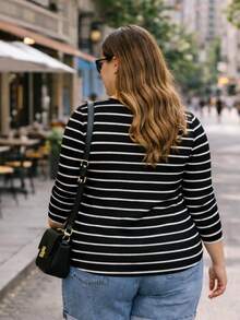 Plus Size Striped Black And White Long Sleeve Round Neck Blouse - Basic Casual Chic - Soft, Comfortable Knit With Stretch - Ideal For Urban Looks, Work, Everyday Wear, And Cold Weather - 黑色 - 查看 2