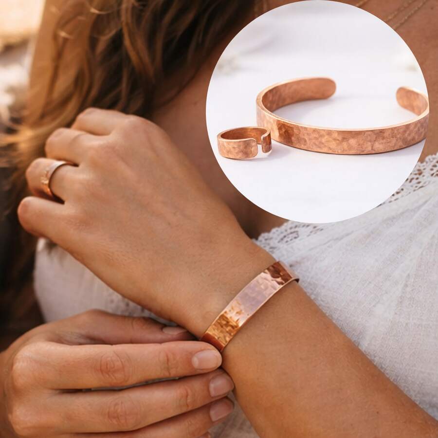 Handmade 100% Pure Natural Copper Hammered Adjustable Ring And Bracelet Set - Đồng - Xem 1