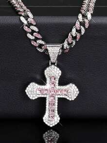 Men's Hip Hop Rhinestone Cuban Link Chain Necklace, Hip Hop Style Rhinestone Cross Pendant Necklace, Men's Jewelry - Fashionable Diamond-encrusted Cross Pendant - View 1