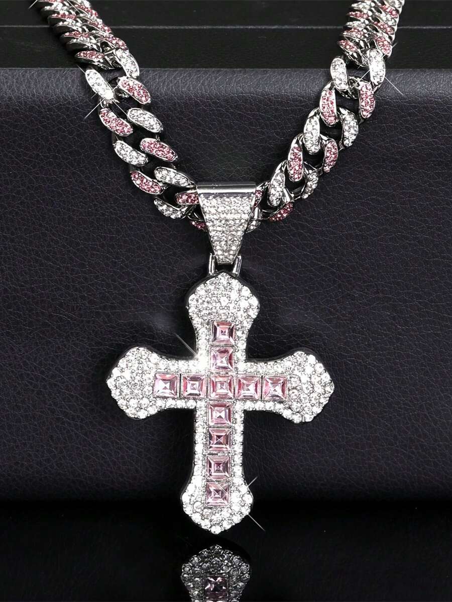 Men's Hip Hop Rhinestone Cuban Link Chain Necklace, Hip Hop Style Rhinestone Cross Pendant Necklace, Men's Jewelry - Fashionable Diamond-encrusted Cross Pendant - View 1