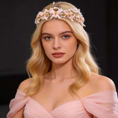 白色和粉色手工水晶串珠蝴蝶结发饰，新娘婚礼派对头饰，女士