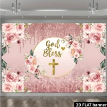 2D Flat Pink Floral & Golden Cross Background, Perfect For Baptism, First Communion, Family Gathering And Photo Props, Home & Kitchen - 1 - View 3