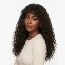 18 Inch Black & Brown Wavy Curly Wig With Bangs, Fluffy Voluminous Curly Hair, Synthetic Fiber Material, Suitable For Daily Wear And Cosplay - Black-brown - View 2