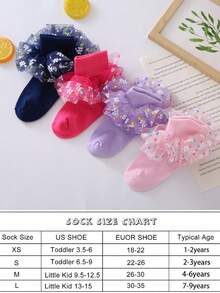 1 Pair Girls' Pink Ruffle Lace Trim Socks, Princess Baby Socks With Big Ruffle Hem - Pink - View 5