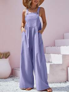 Women's Spring Summer Autumn Vacation Casual Solid Color Button Strap Wide Leg Jumpsuit - Purple - View 3