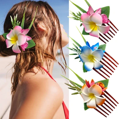 1 pieza Accesorio para el cabello con flor de plumas hawaiana para mujeres y niñas, adecuado para novia de boda, fiesta temática hawaiana, regalo de cumpleaños, esencial para playa de verano