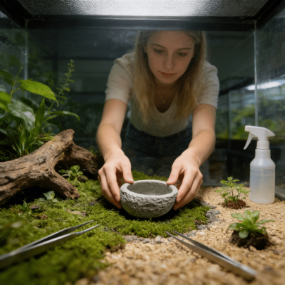 1个树脂仿石爬行动物喂食碗 - 天然岩石外观的食物盘和水碗，适用于鬃狮蜥、壁虎、蛇、跳蛛等爬行动物饲养箱。是爬行动物用品、鬃狮蜥用品、爬行动物配件、壁虎用品、蛇类环境丰富化、爬行动物栖息地装饰的理想之选。