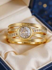Women's Gold-Plated Multi-Layer Ring Set, Featuring Round Cubic Zirconia Main Stone And Pave Zirconia Accents, Minimalist Elegant Design, Suitable For Daily Commute And Work Outfits, An Ideal Gift For Fashion Enthusiasts - Gold - View 1