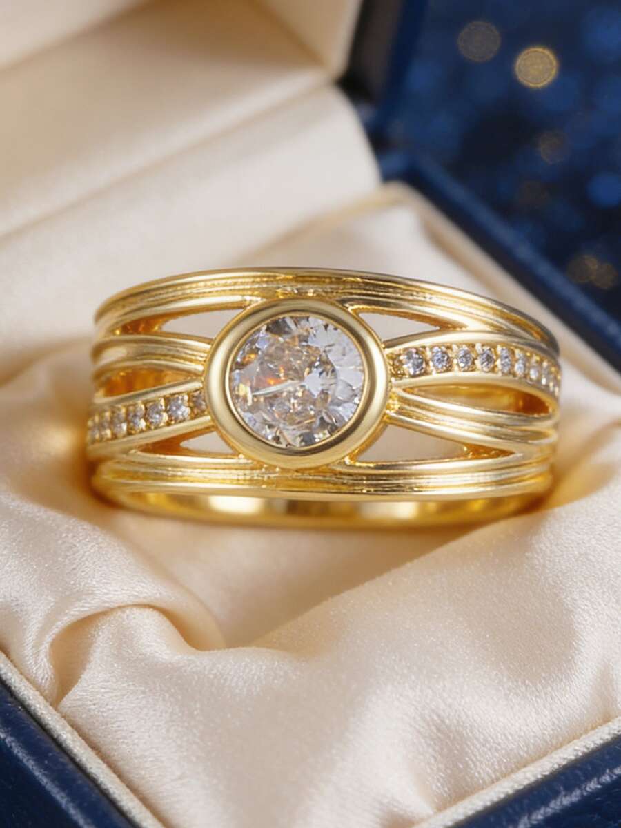 Women's Gold-Plated Multi-Layer Ring Set, Featuring Round Cubic Zirconia Main Stone And Pave Zirconia Accents, Minimalist Elegant Design, Suitable For Daily Commute And Work Outfits, An Ideal Gift For Fashion Enthusiasts - Gold - View 1