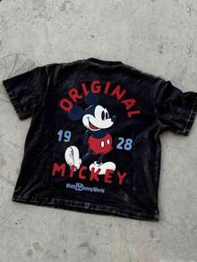 Disney Mickey Mouse Men's Summer T-Shirt, Distressed Finish, Pure Cotton Fabric, Comfortable And Breathable, Casual Outdoor Street Style, Crew Neck; A High-Quality Brand, It's The Ideal Surprise Gift For Family And Friends. - 黑色 - 查看 2