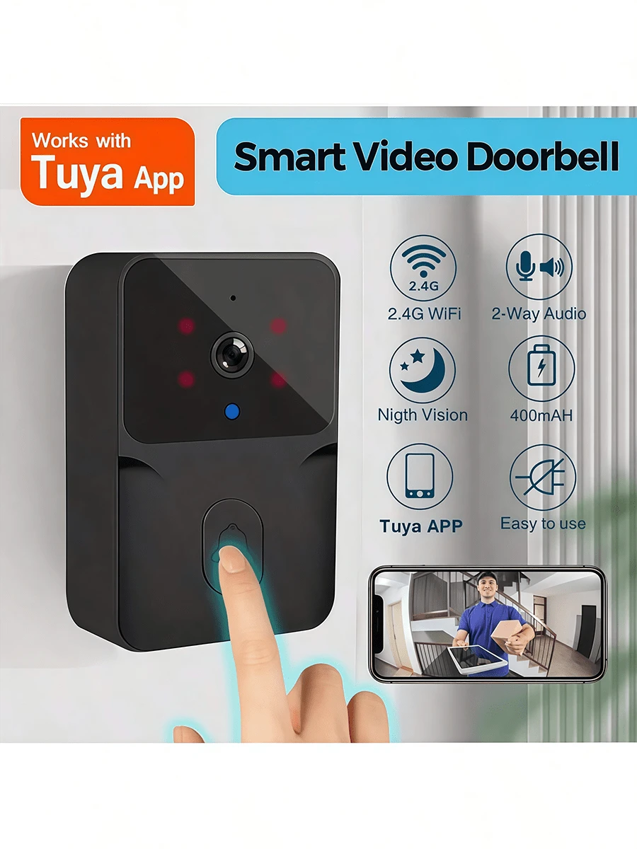 Intelligent Visual Doorbell Camera, Smart Wireless Doorbell, Smart Wireless Doorbell, Doorbell Camera, Two-Way Voice Intercom, 2.4GWi-Fi Connection, USB Charging, Battery-Powered Doorbell That Can Be Connected To A Mobile Phone, Real-Time Application To View The Doordoor Monitoring Wireless Doorbell Camera Is The Ideal Choice - 黑色 - 查看 1