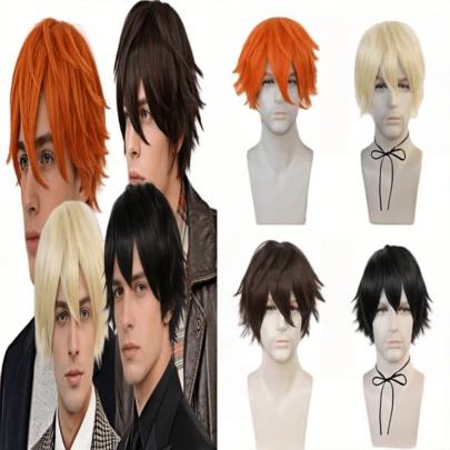 男士短款凌乱假发，黑色、橙色、红色合成动漫假发，嘉年华角色扮演男士服装派对套装，男女通用装扮假发