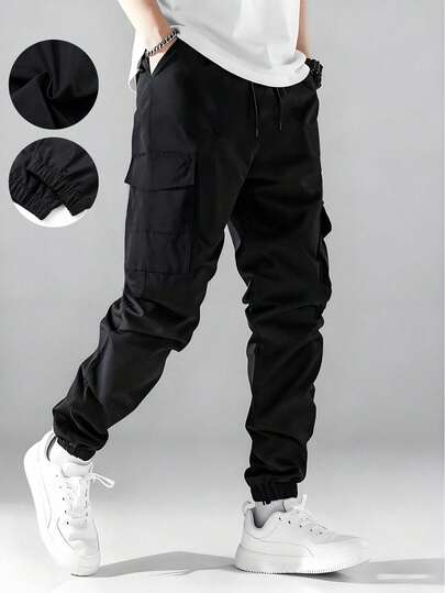 Men's Pants, Spring/Autumn Solid Color Multi-Pocket Drawstring Cargo Pants, Loose & Comfortable Sweatpants