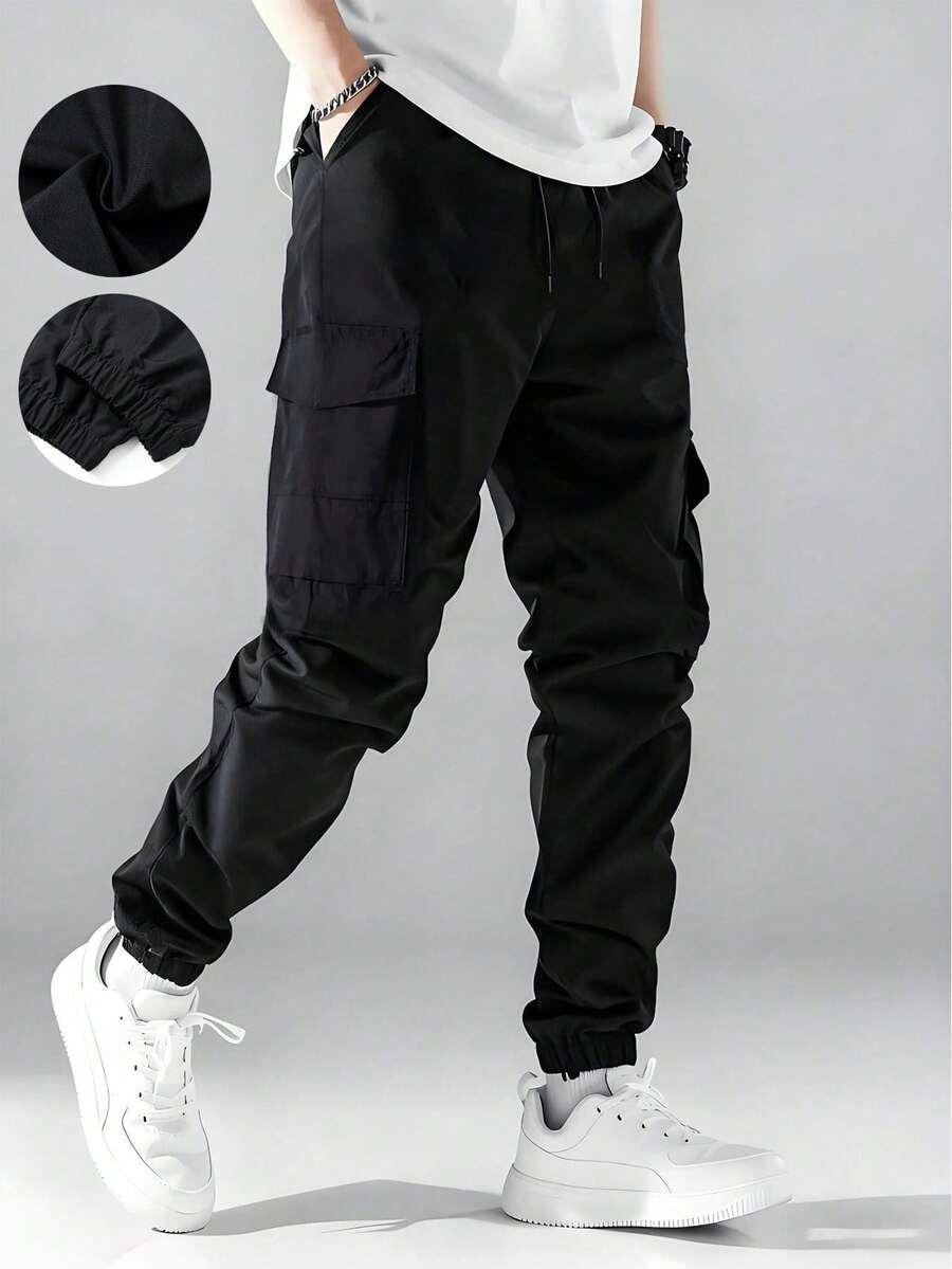 Men's Pants, Spring/Autumn Solid Color Multi-Pocket Drawstring Cargo Pants, Loose & Comfortable Sweatpants Black - Black - View 1