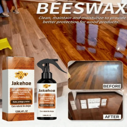 jakehoe 120毫升蜂蜡喷雾，适用于家具和各种木地板。它能恢复木材的光泽和美感，去除灰尘、油脂和污垢，快速提亮且不留水渍，散发清新香气，是居家木地板护理的理想之选。省时省力，也是馈赠亲友的佳品。