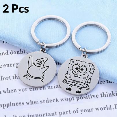 SpongeBob SquarePants 1pc Stainless Steel Minimalist Key Chain With 3cm/1.2in Round Pendant, Customizable Cartoon Character Pattern, Durable Polished Metal, Lightweight And Portable, Suitable For Personalized Gifts, Ornaments And Key Organization, Suitable For Fans, Multiple Patterns Available Office Desk Accessories Desk Accessories Office Supplies Office Accessories
