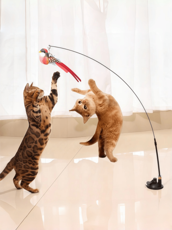 4pcs/Set Strong Suction Cup Base Cat Teaser Wand, Hands-Free Long Stick Cat Interactive Toy With Bell & Replaceable Feather Bird, Kitten Self-Play Hunting Training Pet Supplies
