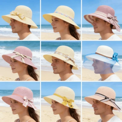 1pc Summer Sun Protection Wide Brim Hat, Solid Color Boho Straw Hat For Women, Vacation Outdoor Travel Versatile Beach Hat