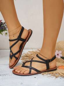 planare 新款女士编织交叉绑带平底凉鞋，百搭休闲，适合海滩度假、日常室内外穿着，简约设计，PU皮革露趾一体式套脚舒适夏季凉鞋，棕色/黑色可选 - 黑色 - 查看 7