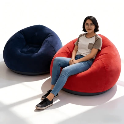 Inflatable Lounge Chair 2 in 1 with Inner and Outer Airbags, Sillón Inflable Individual Doble Capa de Aire, Portable Blow Up Armchair with Foot Pump, Rojo y Azul, para Sala Estar Descanso Oficina Camping Hogar