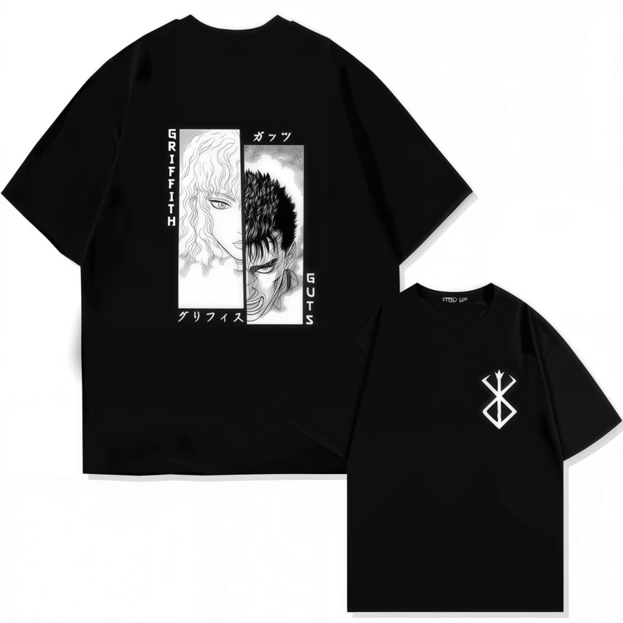 Japan Anime  T Shirt Guts Print Graphic T Shirt Men 90s Summer Short Sleeve Casual Manga Dark Fantasy Black Swordsman Style - 黑色3 - 查看 1