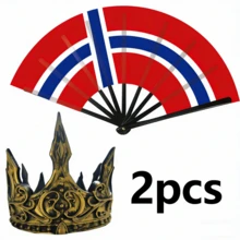 Coroa Real Medieval + Combo de Leque Dobrável com Padrão de Bandeira Nacional, Exibindo Elegância Real, Adequado para Cosplay, Torcedores de Esportes e Diversos Eventos - Multicolorido - Visão 5